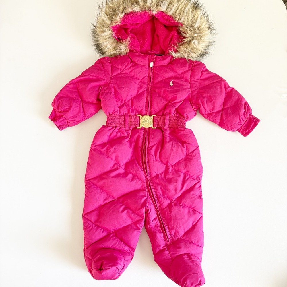Ralph Lauren Baby Girls Pink Quilted Faux Fur Hood Down Bunting Snowsuit Size 6M